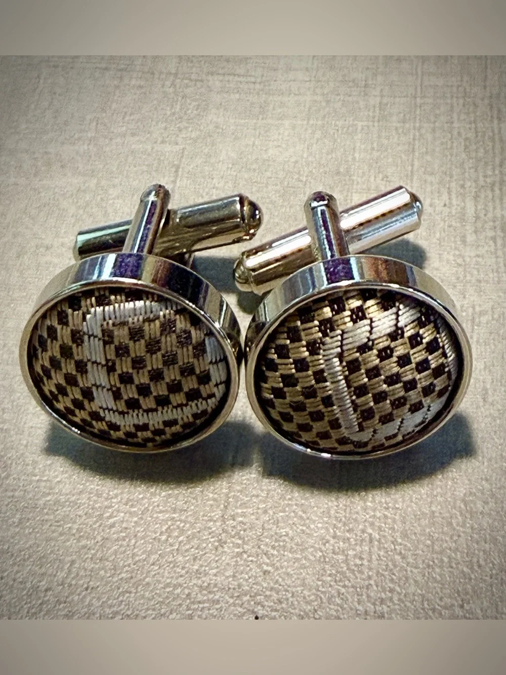 Carbon Fiber Cufflinks, Silver Woven. Texalium Style Inlay